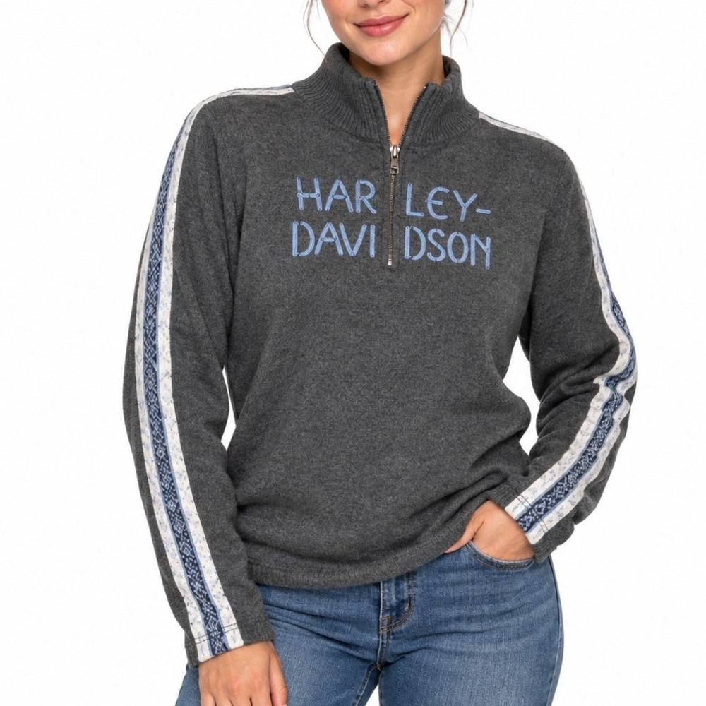 Harley Davidson Sweater Women L Gray 1/4 Zip Biker Moto Embroidered Motorcycles